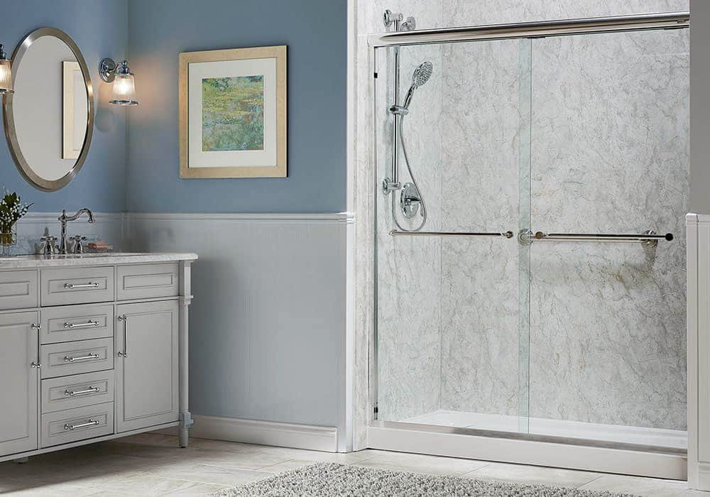 A bathroom with a West Shore Home Shower as a background